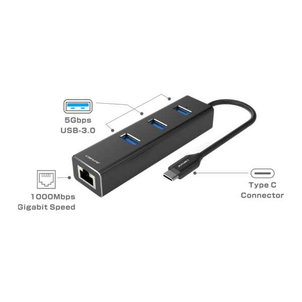 Genuine USB C to 3*USB A + RJ45 Adapter, 180mm Cable Length, Input USB-C 3.0, Black/Silver/Customized, 1 Year Warranty | GN-DC34A - Image 3