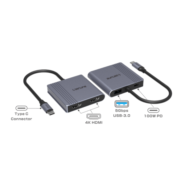 Genuine 4-in 1 Type C to USB-A 3.0 + HDMI + PD Adapter, 180mm Cable Length, Input Type-C 3.1 Male, Fast charging up to 100W, Grey/Customized, 1 Year Warranty | GN-DC44J - Image 3