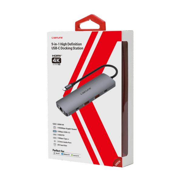 Genuine 9 in 1 Docking Station, 180mm Cable Length, Input USB Type-C 3.1, Transfer rate up to 10Gbps, Fast Charging up to 100W, Grey/Customized, 1 Year Warranty | GN-DC49D - Image 4