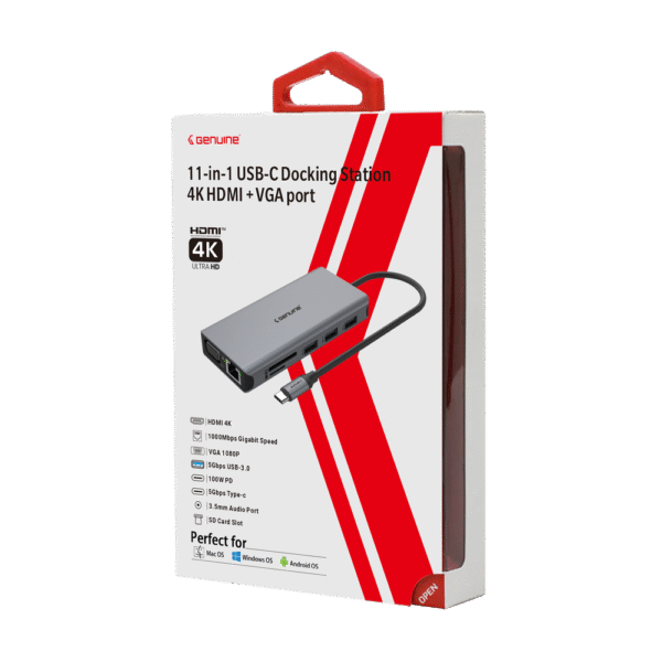 Genuine 11 in 1 Docking Station, 180mm Cable Length, Input USB Type-C 3.1, Fast Charging up to 100W, Grey/Customized, 1 Year Warranty | GN-DC4BA - Image 4