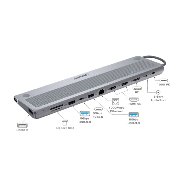 Genuine 12 in 1 Docking Station, 180mm Cable Length, Input USB Type-C 3.1, Transfer rate up to 5Gbps, Fast Charging up to 100W, Sliver/Customized, 1 Year Warranty | GN-DC4CG - Image 2