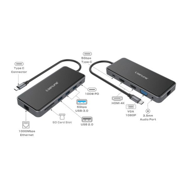 Genuine 12 in 1 Docking Station, 180mm Cable Length, Input USB Type-C 3.1, Transfer rate up to 5Gbps, Fast Charging up to 100W, Grey/Customized, 1 Year Warranty | GN-DC4CL - Image 2