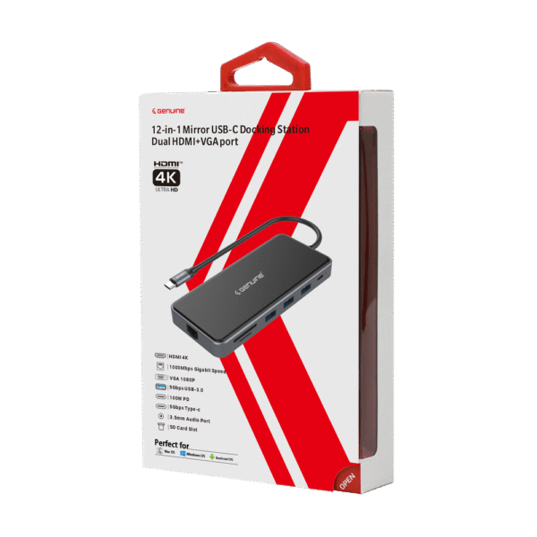 Genuine 12 in 1 Docking Station, 180mm Cable Length, Input USB Type-C 3.1, Transfer rate up to 5Gbps, Fast Charging up to 100W, Grey/Customized, 1 Year Warranty | GN-DC4CL - Image 4