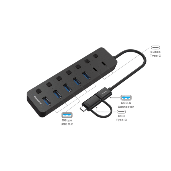 Genuine USB 3.0 ( 5*Type-A, 2*Type-C) HUB, 240mm Cable Length, Input USB A + C 3.0 Male, Transfer rate up to 5Gbps, Black/Silver/Customized, 1 Year Warranty | GN-HC37G - Image 2