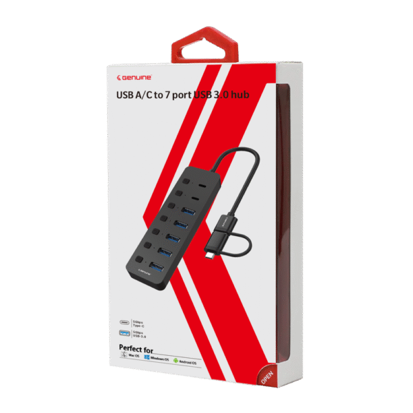 Genuine USB 3.0 ( 5*Type-A, 2*Type-C) HUB, 240mm Cable Length, Input USB A + C 3.0 Male, Transfer rate up to 5Gbps, Black/Silver/Customized, 1 Year Warranty | GN-HC37G - Image 4