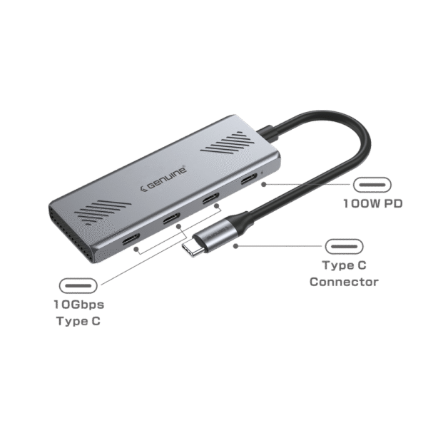 Genuine 4*USB C HUB, 180mm Cable Length, Input Type-C 3.1 Gen 2, Transfer rate up to 10Gbps, Grey, 1 Year Warranty | GN-HC44G - Image 2
