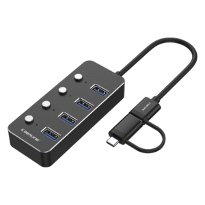 Genuine 4-Port USB 3.0 Hub, 180mm Cable Length, Aluminum + ABS Material, 5Gbps Transmission Speed, USB A+C Input, 1 Year Warranty | GN-HU34V