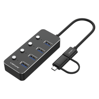 Genuine 4-Port USB 3.0 Hub, 180mm Cable Length, Aluminum + ABS Material, 5Gbps Transmission Speed, USB A+C Input, 1 Year Warranty | GN-HU34V