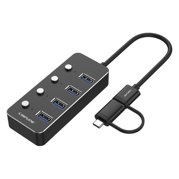 Genuine 4-Port USB 3.0 Hub, 180mm Cable Length, Aluminum + ABS Material, 5Gbps Transmission Speed, USB A+C Input, 1 Year Warranty | GN-HU34V