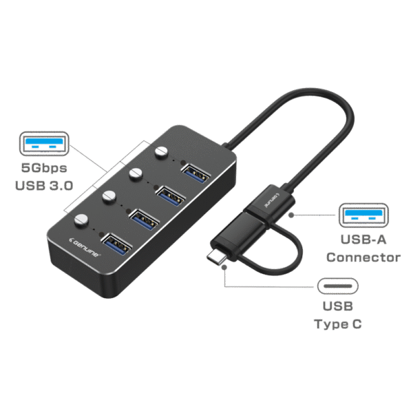 Genuine 4-Port USB 3.0 Hub, 180mm Cable Length, Aluminum + ABS Material, 5Gbps Transmission Speed, USB A+C Input, 1 Year Warranty | GN-HU34V - Image 2