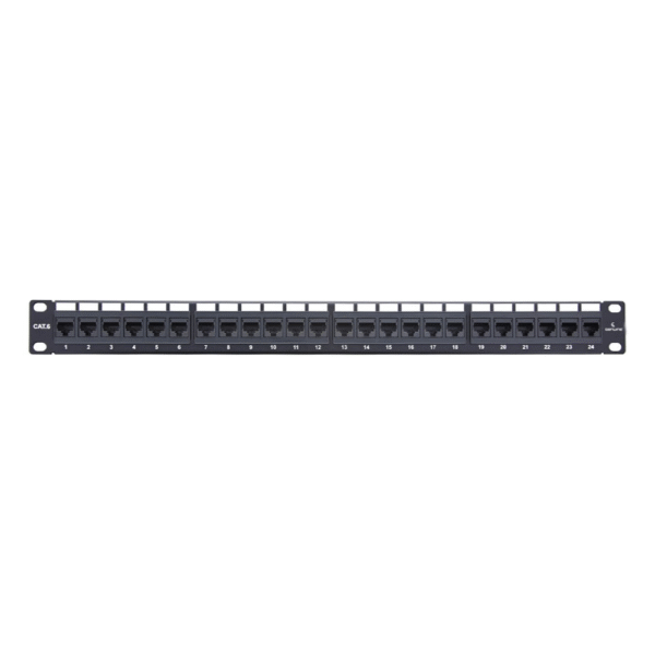 Genuine Patch Panel 24-Port Loaded, 1U Rackmount, Cat6A Compliant, Steel Construction, Numbered Ports, Includes Cable Management, 1 Year Warranty | GNPP-C6UBLK24L-1U